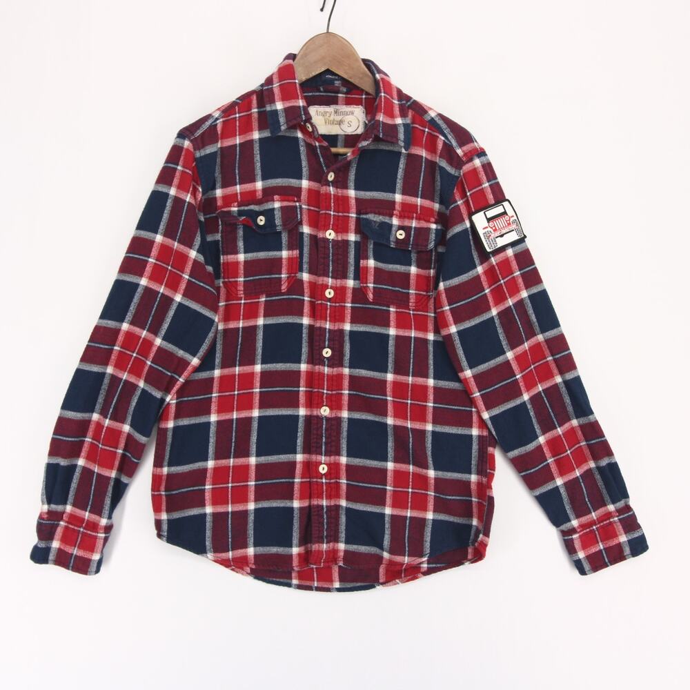 Angry Minnow Vintage Flannel Shirt Mens S Red Blue Plaid Jeep Patches Button Up